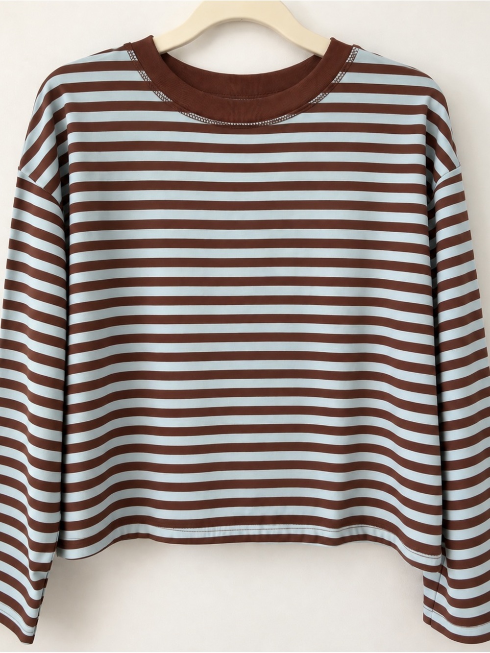 Striped Long-Sleeve Crewneck Top in Brown and Light Blue